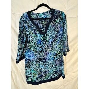 BALI‎ BATIKs Women's V-Neck Tunic Top Blue Green Coral Print Rayon Size S